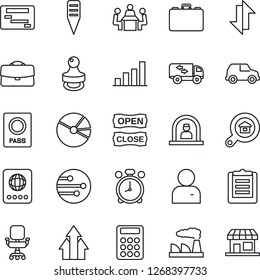 Thin Line Icon Set - alarm clock vector, reception, passport, case, factory, plant label, clipboard, user, network, data exchange, bar graph, pie, calculator, office chair, meeting, stamp, moving