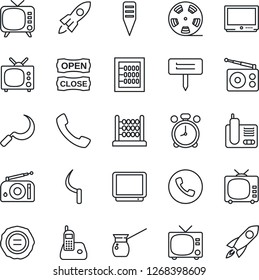 Thin Line Icon Set - alarm clock vector, phone, tv, stamp, sickle, plant label, reel, radio, call, abacus, open close, turkish coffee, rocket