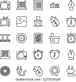 Thin Line Icon Set - alarm clock vector, tv, abacus, stamp, fireplace, film frame, vinyl, flame disk, gallery, ink pen, house with tree, power plug