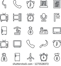 Thin Line Icon Set - alarm clock vector, abacus, money bag, well, sickle, film frame, tv, microphone, call, office phone, outdoor lamp, fridge, windmill