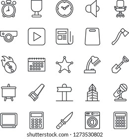 Thin Line Icon Set - alarm clock vector, presentation board, shovel, saw, axe, signpost, fragile, flame disk, microphone, news, speaker, tv, play button, calendar, office building, calculator, chair