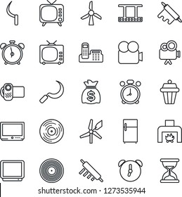 Thin Line Icon Set - alarm clock vector, money bag, sickle, film frame, vinyl, tv, video camera, office phone, fireplace, rolling pin, outdoor lamp, fridge, windmill, sand