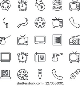 Thin Line Icon Set - alarm clock vector, tv, abacus, stamp, sickle, plant label, reel, flame disk, radio, call, office phone, open close, turkish coffee, rocket