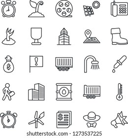 Thin Line Icon Set - alarm clock vector, sproute, boot, dropper, navigation, important flag, truck trailer, receipt, fragile, oil barrel, reel, office building, phone, manager, sun panel, bathroom