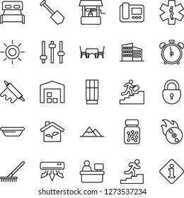 Thin Line Icon Set - alarm clock vector, lock, manager place, job, rake, sun, well, pills bottle, ambulance star, flame disk, tuning, career ladder, mountains, warehouse, office building, bedroom