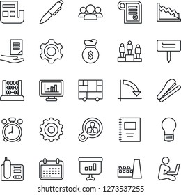 Thin Line Icon Set - alarm clock vector, gear, pedestal, abacus, pen, crisis graph, document, bulb, plant label, consolidated cargo, radio phone, settings, copybook, monitor statistics, news, group