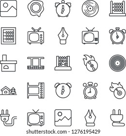 Thin Line Icon Set - alarm clock vector, tv, abacus, stamp, fireplace, film frame, vinyl, flame disk, gallery, ink pen, house with tree, power plug