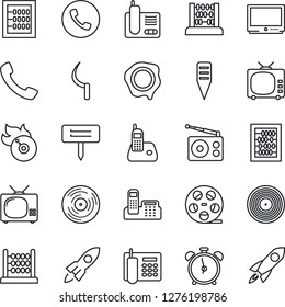 Thin Line Icon Set - alarm clock vector, phone, abacus, stamp, sickle, plant label, reel, vinyl, flame disk, radio, tv, call, office, rocket