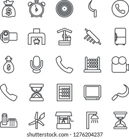 Thin Line Icon Set - alarm clock vector, phone, money bag, well, sickle, vinyl, tv, video camera, microphone, call, abacus, office, fireplace, rolling pin, outdoor lamp, fridge, windmill, sand