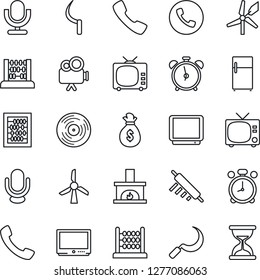 Thin Line Icon Set - alarm clock vector, phone, tv, abacus, sickle, vinyl, video camera, microphone, call, fireplace, rolling pin, fridge, windmill, money bag, sand