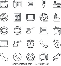 Thin Line Icon Set - alarm clock vector, phone, abacus, stamp, plant label, reel, vinyl, flame disk, tv, radio, call, office, open close, turkish coffee, rocket