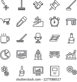 Thin Line Icon Set - alarm clock vector, desk, rake, wheelbarrow, hoe, bench, ripper, themes, coffee, copybook, monitor statistics, drawing pin, office building, pie graph, chair, point, paper tray