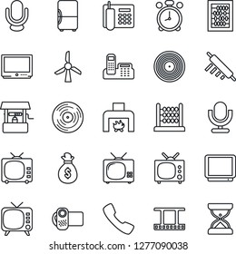 Thin Line Icon Set - alarm clock vector, abacus, well, film frame, vinyl, tv, video camera, microphone, call, office phone, fireplace, rolling pin, fridge, windmill, money bag, sand