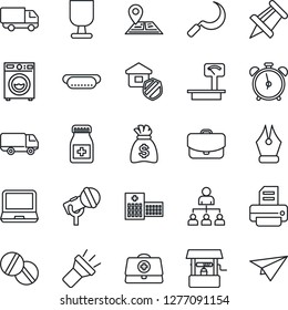 Thin Line Icon Set - alarm clock vector, hierarchy, money bag, drawing pin, printer, well, sickle, doctor case, pills, bottle, hospital, navigation, car delivery, fragile, heavy scales, microphone