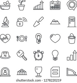 Thin Line Icon Set - alarm clock vector, reception, medical room, growth statistic, document, bulb, calendar, stamp, trowel, seedling, bucket, greenhouse, heart pulse, microscope, fragile, heavy