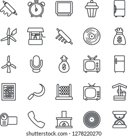 Thin Line Icon Set - alarm clock vector, abacus, money bag, well, sickle, vinyl, tv, video camera, microphone, call, fireplace, rolling pin, outdoor lamp, fridge, windmill, sand