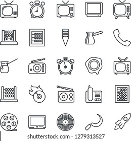 Thin Line Icon Set - alarm clock vector, tv, abacus, stamp, sickle, plant label, reel, vinyl, flame disk, radio, phone, call, turkish coffee, rocket