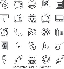 Thin Line Icon Set - alarm clock vector, tv, abacus, stamp, sickle, plant label, reel, vinyl, flame disk, radio, phone, call, office, open close, turkish coffee, rocket