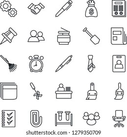 Thin Line Icon Set - alarm clock vector, money bag, job, rake, ripper, blood test vial, group, themes, drawing pin, paper clip, news, identity card, blank box, checklist, manager desk, tie, copier