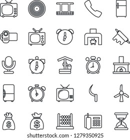 Thin Line Icon Set - alarm clock vector, money bag, well, sickle, film frame, vinyl, tv, video camera, microphone, call, abacus, office phone, fireplace, rolling pin, fridge, windmill, sand