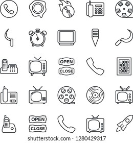 Thin Line Icon Set - alarm clock vector, phone, abacus, stamp, sickle, plant label, reel, vinyl, flame disk, tv, radio, call, office, open close, rocket