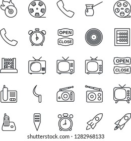 Thin Line Icon Set - alarm clock vector, tv, abacus, sickle, plant label, reel, vinyl, flame disk, radio, phone, call, open close, turkish coffee, rocket