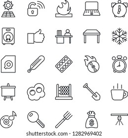 Thin Line Icon Set - alarm clock vector, notebook pc, money bag, presentation board, coffee, job, farm fork, thermometer, pills blister, flammable, flame disk, speaker, finger up, music, abacus, key