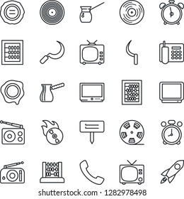 Thin Line Icon Set - alarm clock vector, tv, abacus, stamp, sickle, plant label, reel, vinyl, flame disk, radio, call, office phone, turkish coffee, rocket