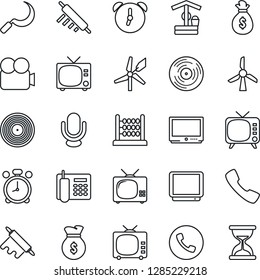 Thin Line Icon Set - alarm clock vector, phone, tv, well, sickle, vinyl, video camera, microphone, call, abacus, office, rolling pin, windmill, money bag, sand