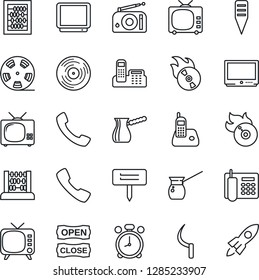 Thin Line Icon Set - alarm clock vector, abacus, sickle, plant label, reel, vinyl, flame disk, radio, tv, phone, call, office, open close, turkish coffee, rocket
