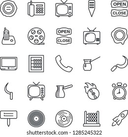 Thin Line Icon Set - alarm clock vector, tv, stamp, sickle, plant label, reel, vinyl, flame disk, radio phone, call, abacus, office, open close, turkish coffee, rocket