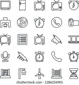 Thin Line Icon Set - alarm clock vector, phone, abacus, film frame, vinyl, tv, video camera, microphone, call, fireplace, rolling pin, outdoor lamp, fridge, windmill, sand