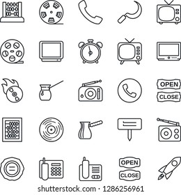 Thin Line Icon Set - alarm clock vector, phone, tv, abacus, stamp, sickle, plant label, reel, vinyl, flame disk, radio, call, office, open close, turkish coffee, rocket