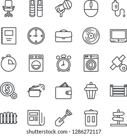 Thin Line Icon Set - Alarm Clock Vector, Mouse, Shovel, Fence, Dropper, Satellite, Container, Vinyl, Microphone, News, Tv, Stopwatch, Case, Copybook, Office Chair, Book, Washer, Steaming Pan, Wallet