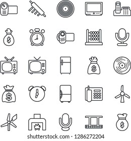 Thin Line Icon Set - alarm clock vector, tv, money bag, film frame, vinyl, video camera, microphone, abacus, office phone, fireplace, rolling pin, fridge, windmill