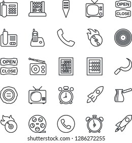 Thin Line Icon Set - alarm clock vector, phone, tv, abacus, stamp, sickle, plant label, reel, vinyl, flame disk, radio, call, office, open close, turkish coffee, rocket