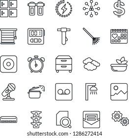 Thin Line Icon Set - alarm clock vector, clouds, checkroom, hierarchy, dollar sign, tie, rake, medical calendar, traffic light, microphone, rec button, gallery, stopwatch, mail, record, charge, gear