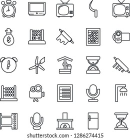 Thin Line Icon Set - alarm clock vector, tv, abacus, well, sickle, film frame, video camera, microphone, fireplace, rolling pin, outdoor lamp, fridge, windmill, money bag, sand