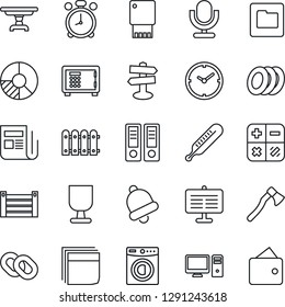 Thin Line Icon Set - alarm clock vector, safe, calculator, office binder, circle chart, axe, thermometer, signpost, container, fragile, news, microphone, chain, bell, folder, presentation board, pc