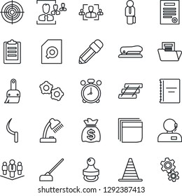 Thin Line Icon Set - alarm clock vector, border cone, gear, money bag, hoe, sickle, themes, clipboard, copybook, document folder, search, hr, blank box, support, desk lamp, target, paper tray, stamp