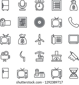 Thin Line Icon Set - alarm clock vector, tv, abacus, money bag, well, sickle, vinyl, video camera, microphone, call, office phone, fireplace, rolling pin, fridge, windmill, sand