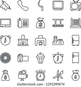 Thin Line Icon Set - alarm clock vector, money bag, sickle, film frame, vinyl, tv, video camera, call, abacus, office phone, fireplace, rolling pin, outdoor lamp, fridge, windmill