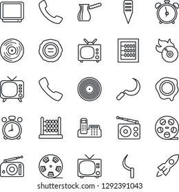 Thin Line Icon Set - alarm clock vector, tv, stamp, sickle, plant label, reel, vinyl, flame disk, radio, call, abacus, office phone, turkish coffee, rocket