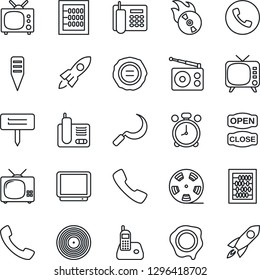 Thin Line Icon Set - alarm clock vector, phone, abacus, stamp, sickle, plant label, reel, vinyl, flame disk, radio, tv, call, office, open close, rocket