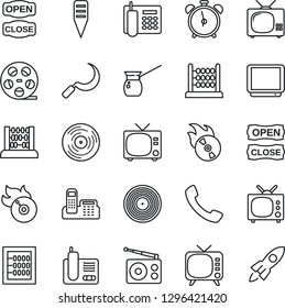 Thin Line Icon Set - alarm clock vector, tv, abacus, sickle, plant label, reel, vinyl, flame disk, radio, phone, call, office, open close, turkish coffee, rocket