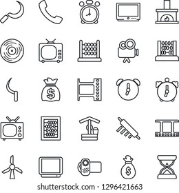 Thin Line Icon Set - alarm clock vector, abacus, money bag, well, sickle, film frame, vinyl, tv, video camera, call, fireplace, rolling pin, windmill, sand