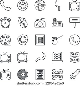 Thin Line Icon Set - alarm clock vector, phone, tv, abacus, stamp, sickle, plant label, reel, vinyl, flame disk, radio, call, office, open close, turkish coffee, rocket