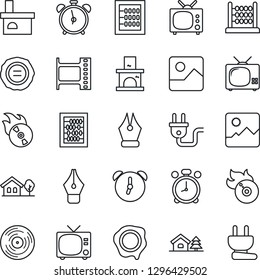 Thin Line Icon Set - alarm clock vector, tv, abacus, stamp, fireplace, film frame, vinyl, flame disk, gallery, ink pen, house with tree, power plug