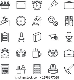 Thin Line Icon Set - alarm clock vector, case, wheelbarrow, axe, themes, clipboard, coffee, company, calculator, office chair, blank box, manager desk, lamp, meeting, printer, career ladder, book