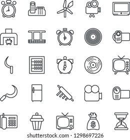 Thin Line Icon Set - alarm clock vector, tv, money bag, sickle, film frame, vinyl, video camera, abacus, office phone, fireplace, rolling pin, outdoor lamp, fridge, windmill, sand